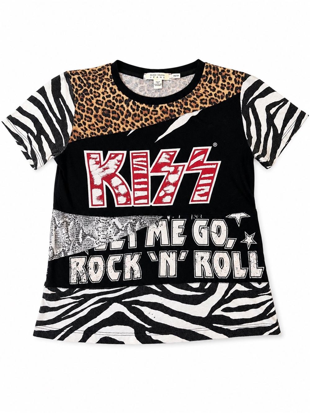 Alice+Olivia KISS Graphic Zebra & Leopard Print Women’s Tee - Black/White/Brown